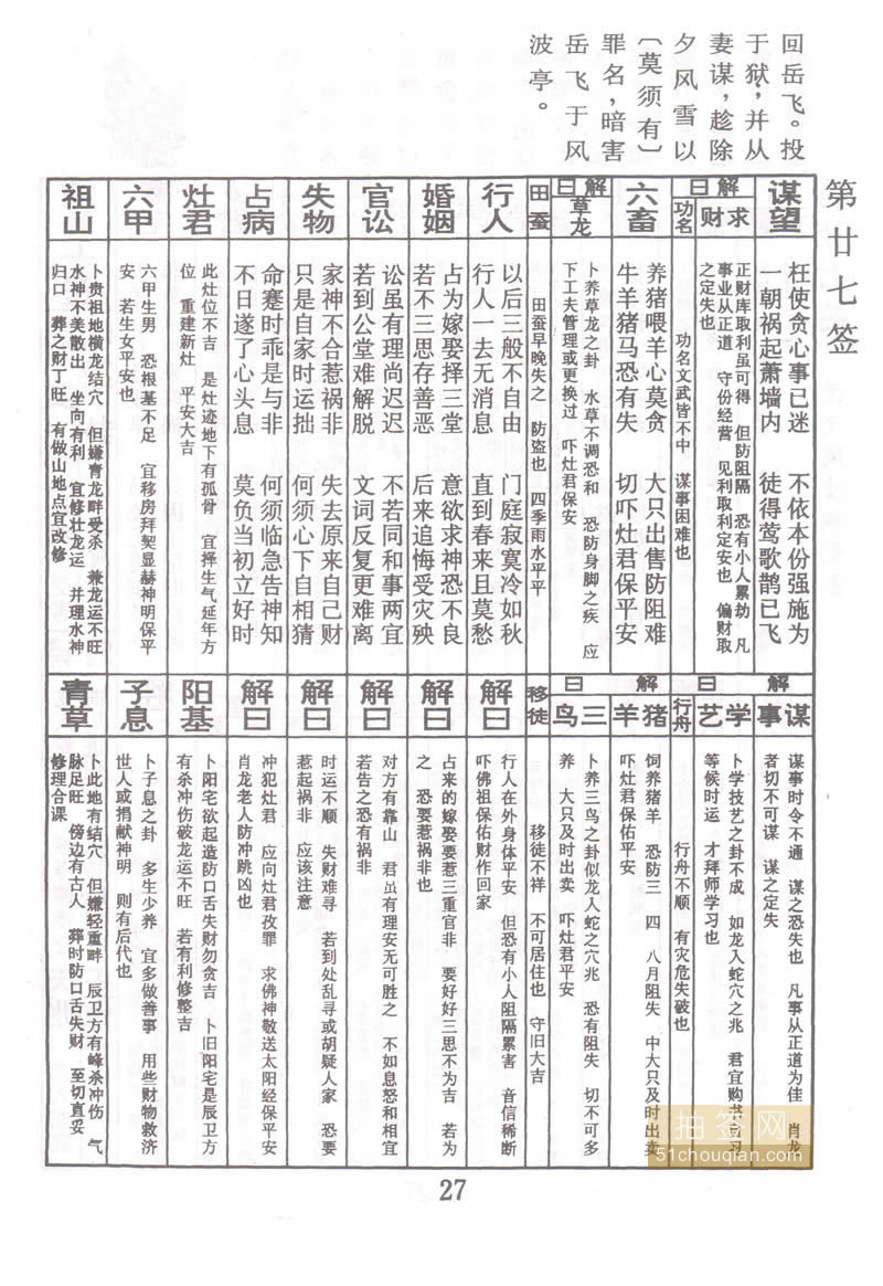 佛祖灵签 第27签：岳飞风波亭受害 中下签