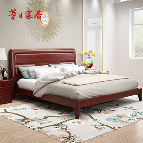 华日家居现代中式水曲柳实木床 现代简约卧室双人床